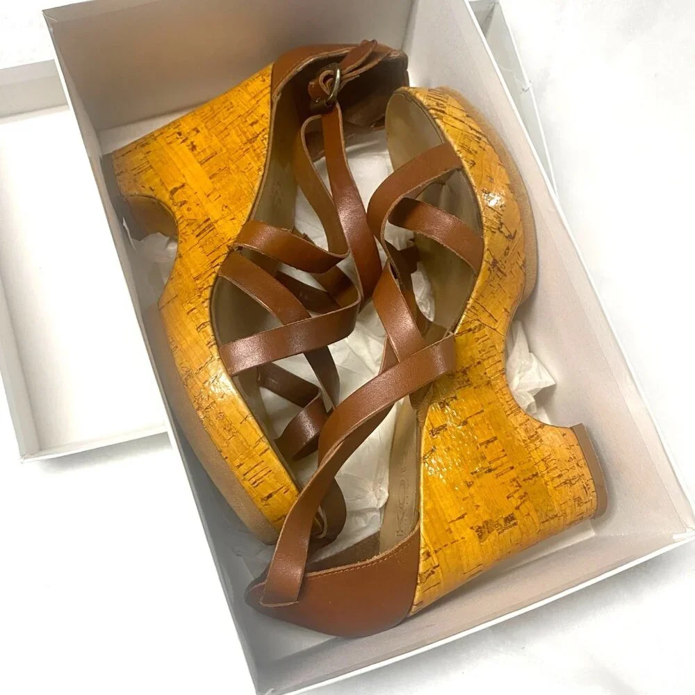 size 8.5 Michael Kors Glossy Cork Sandal, Luggage Brown Strappy Platform‎ Heel